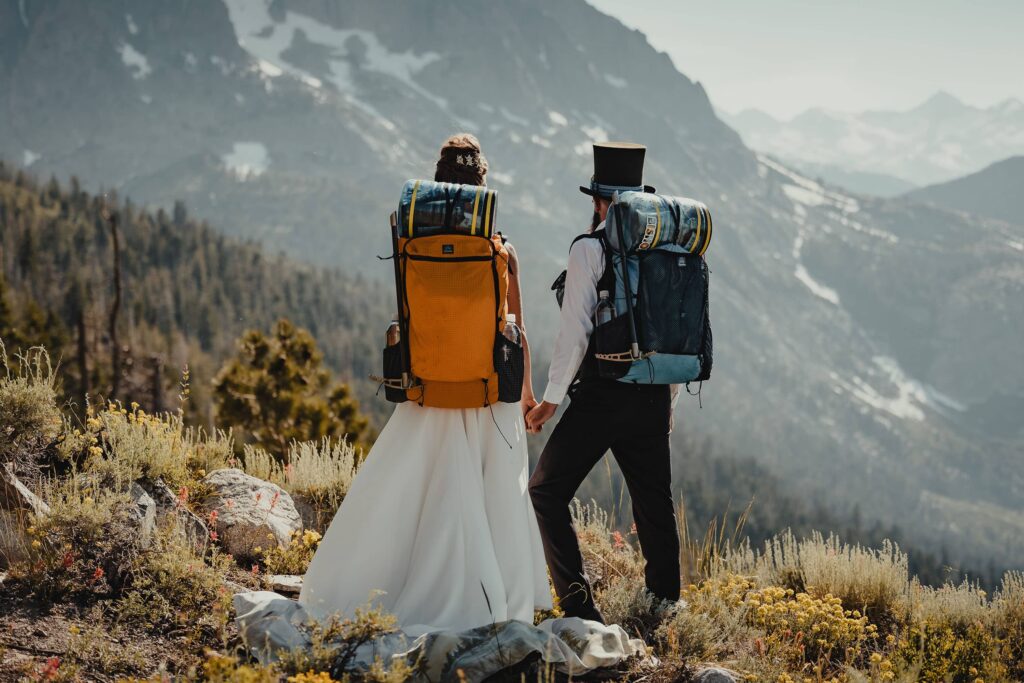 Newly married couple elope in the Eastern Sierra Nevada with backpacks