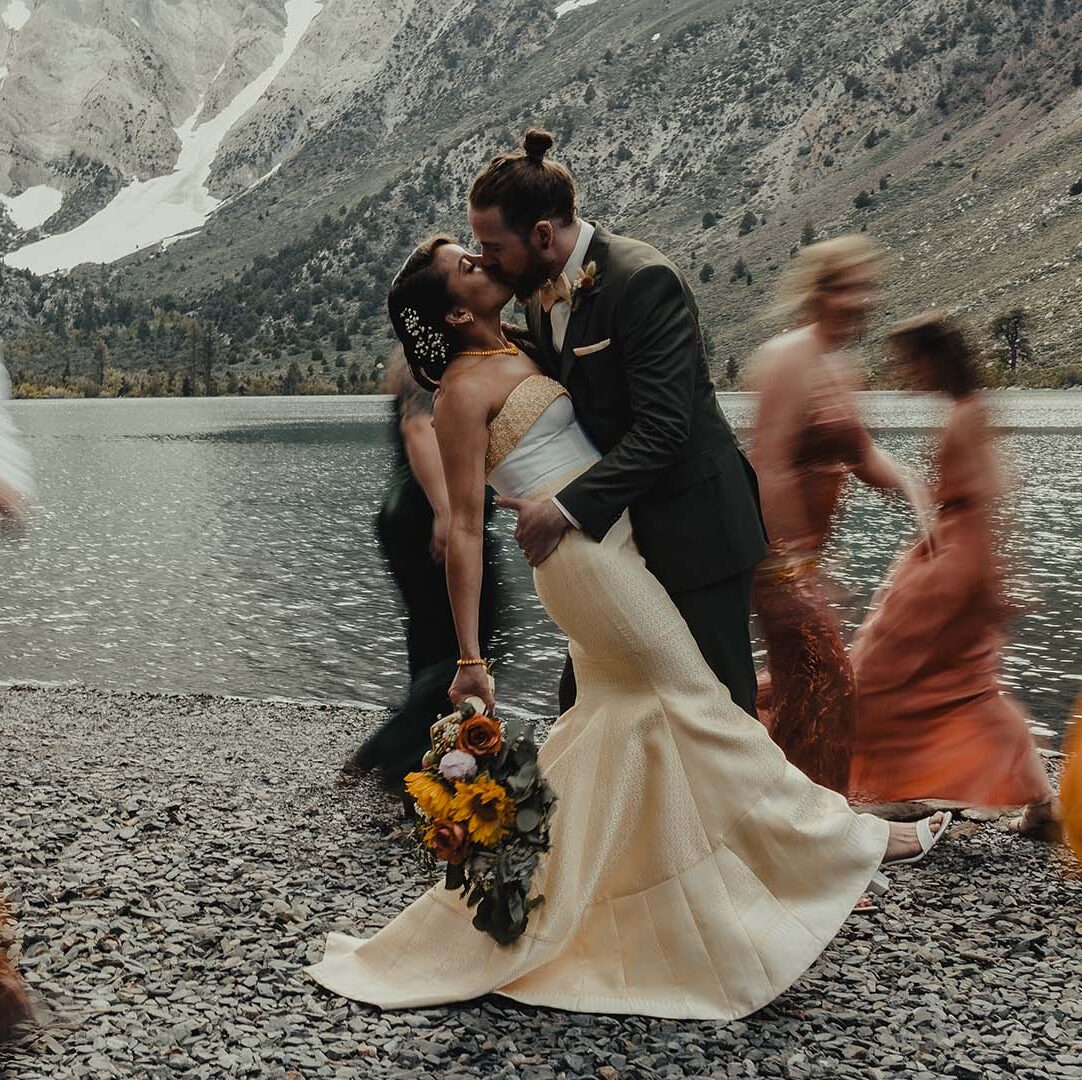 long exposure of bridal party during wedding photos at convict lake by mammoth lakes wedding photographer brent cicogna